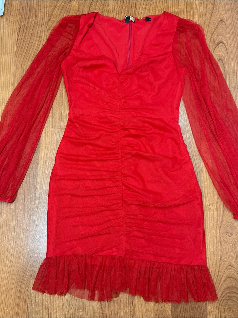 Guess Red Ruched Mesh Long Sleeve Mini Dress